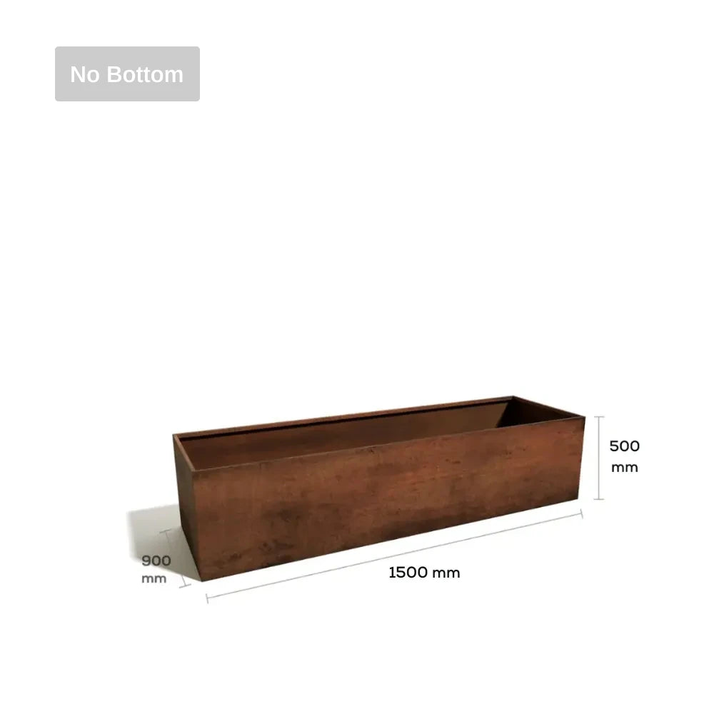 Corten Steel planter with dimensions on a white background