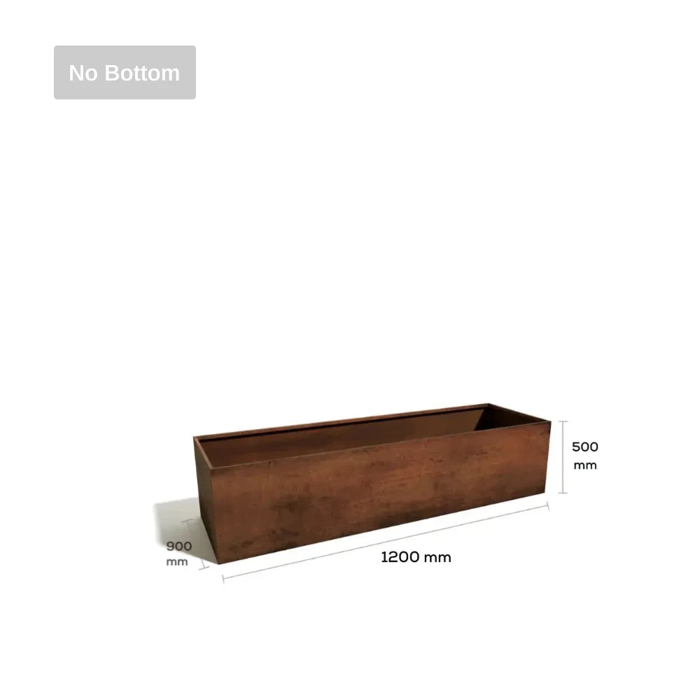 Corten Steel planter with dimensions on a white background