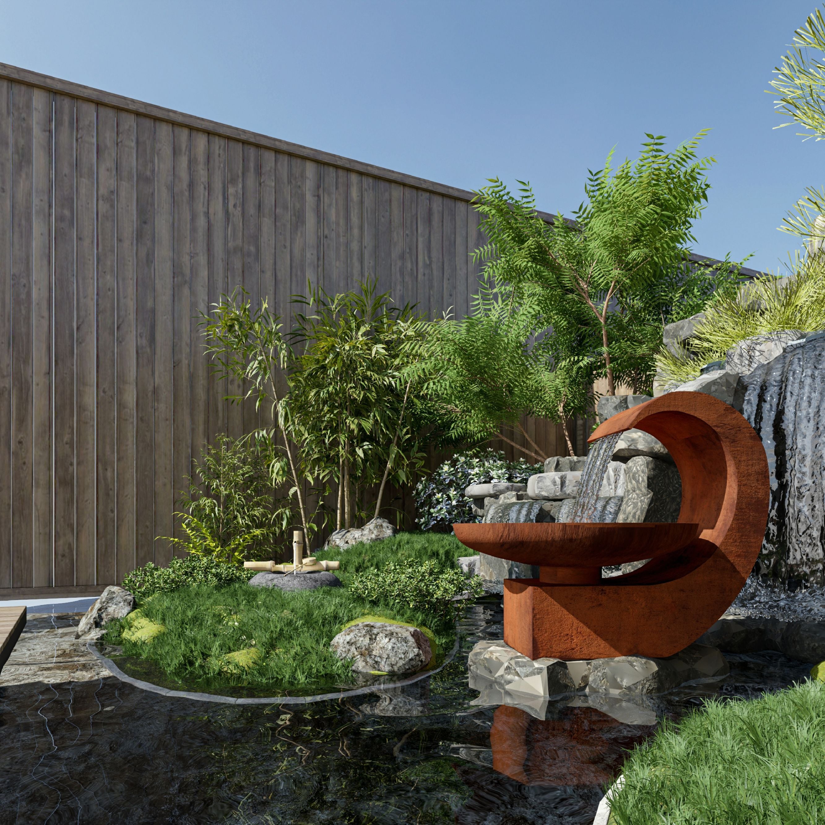 Outdoor garden scene with Neptune water feature from Mac Landscape