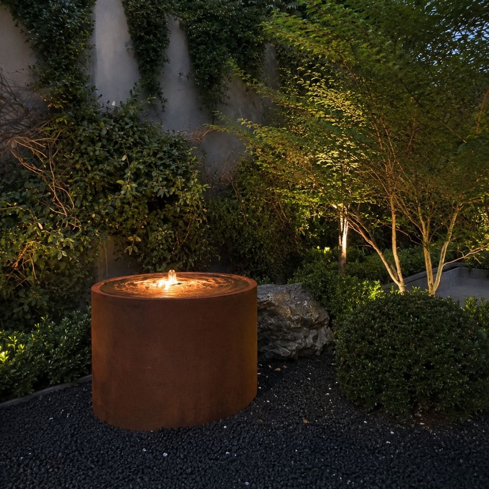 Corten Steel Rita Round Narrow Water Fountain with Light in a tranquil garden at night, featuring a rust-finished cylindrical steel fountain with an illuminated bubbling water feature. Set among lush greenery, black decorative stones, natural rocks, and landscape lighting, creating a peaceful contemporary outdoor retreat.