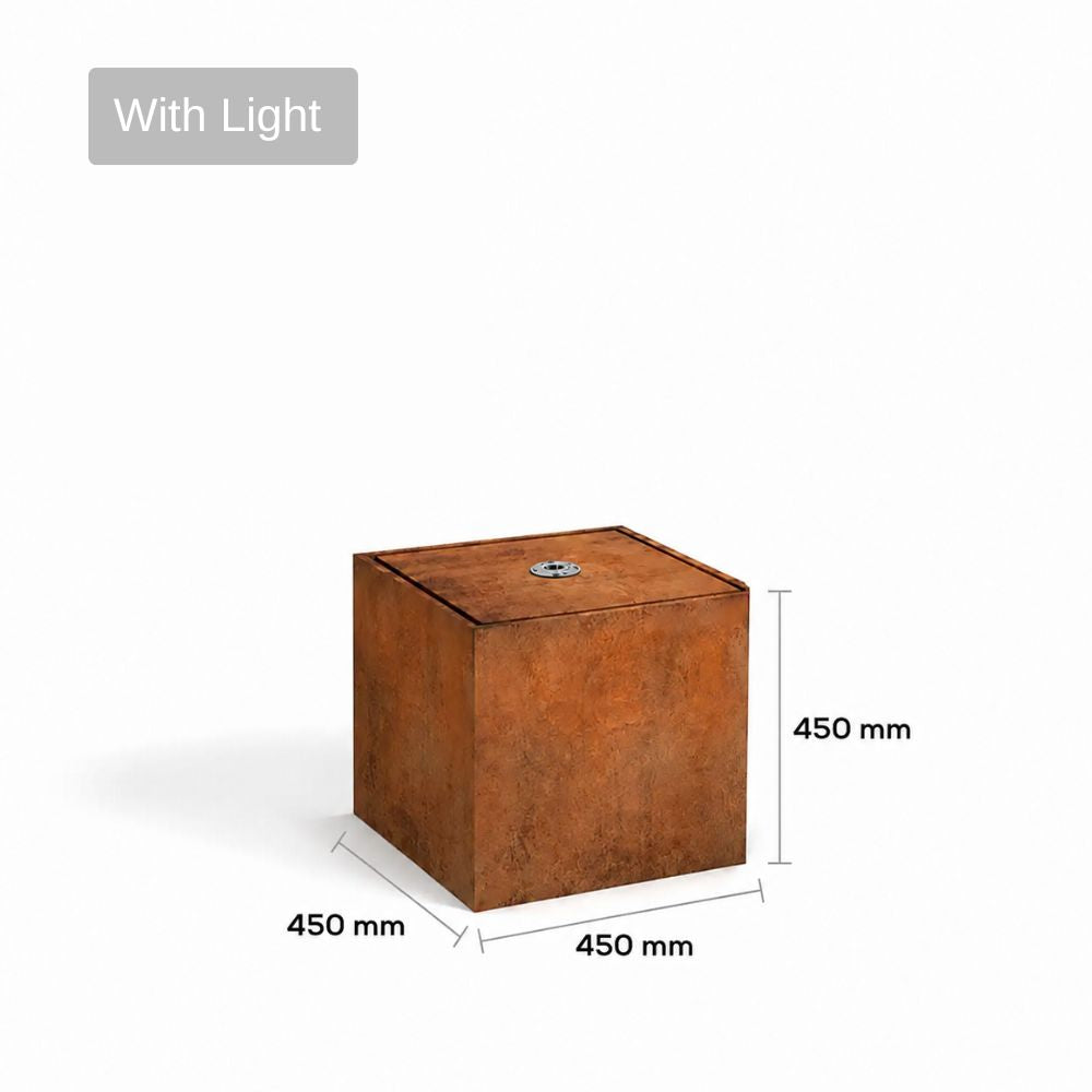 Corten Steel Square Narrow Water Fountain with Light, 450 x 450 x 450 mm, featuring a modern rust finish and compact square design for outdoor gardens and patios.