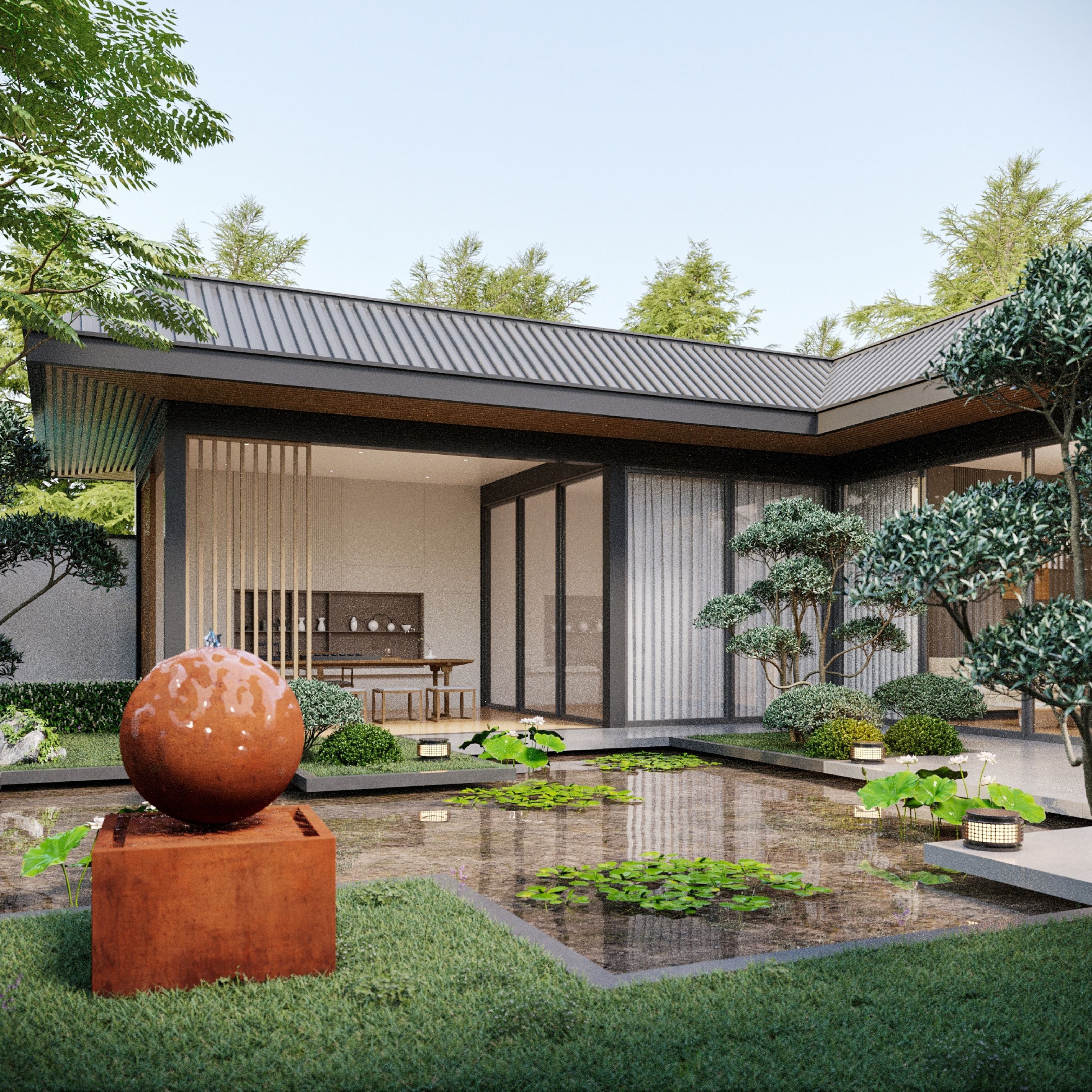 Modern house with a garden featuring a Mac Landscape water feature and decorative sphere.