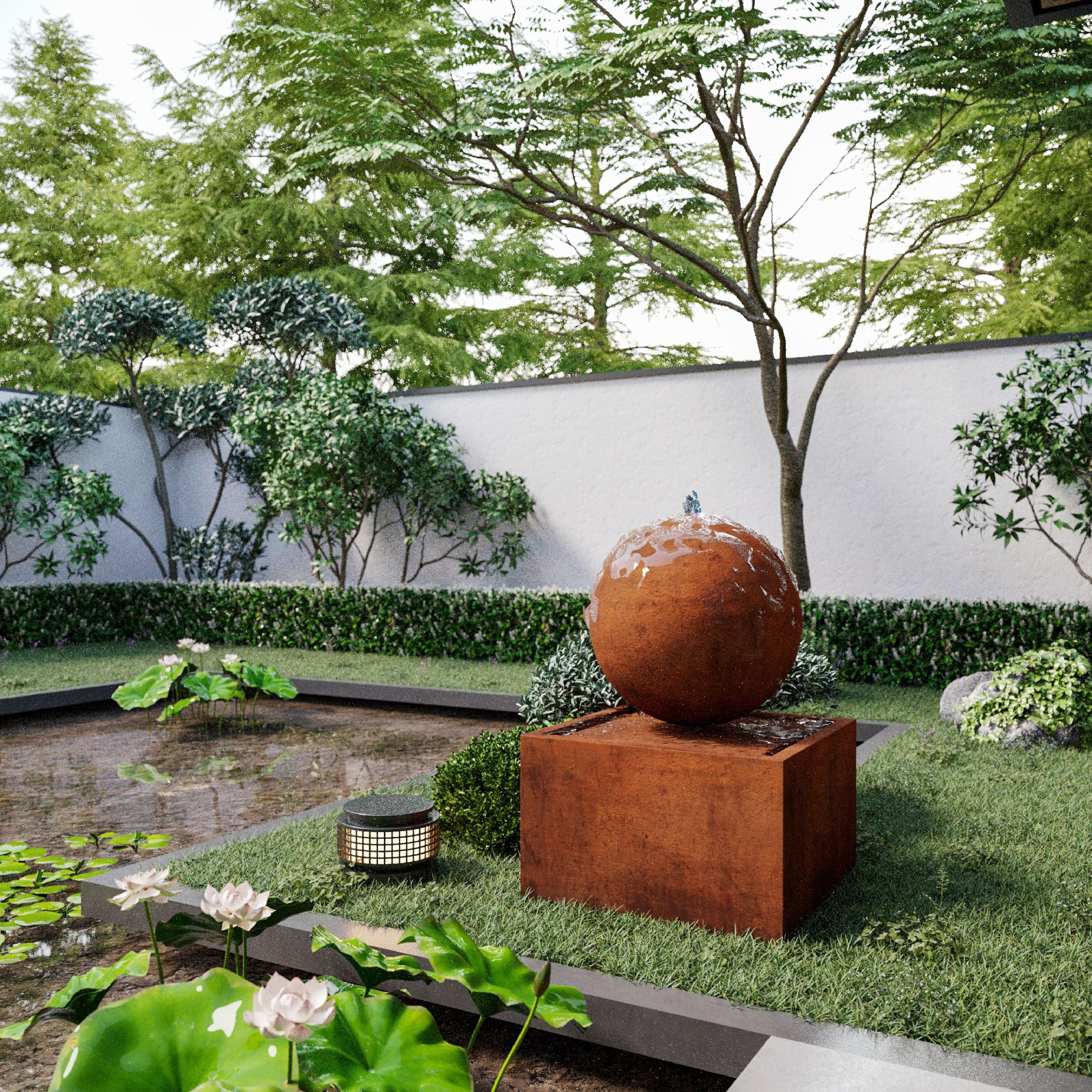 Decorative outdoor Mac Landscape fountain with spherical feature in a garden setting