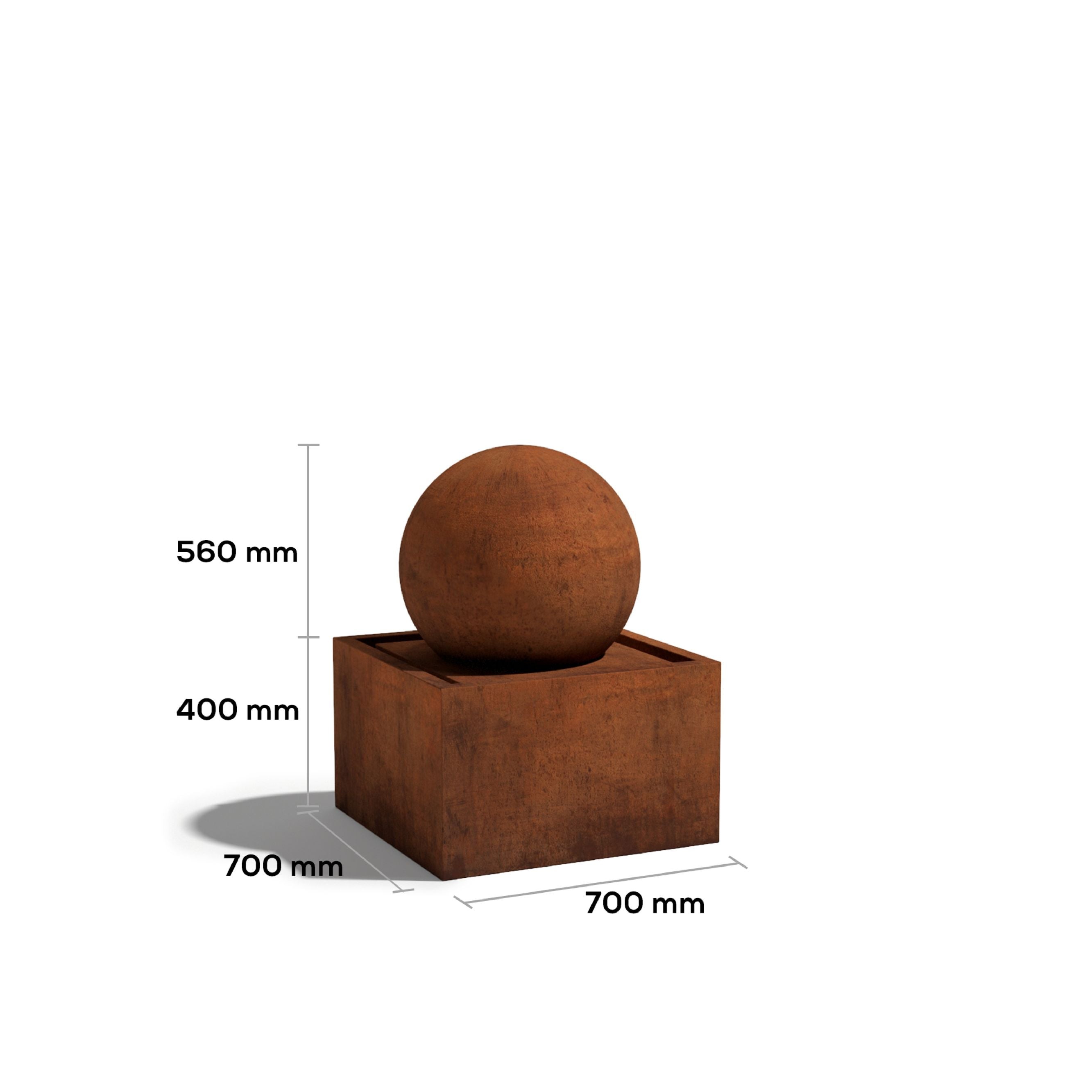 Rust-colored spherical water feature with dimensions on a white background