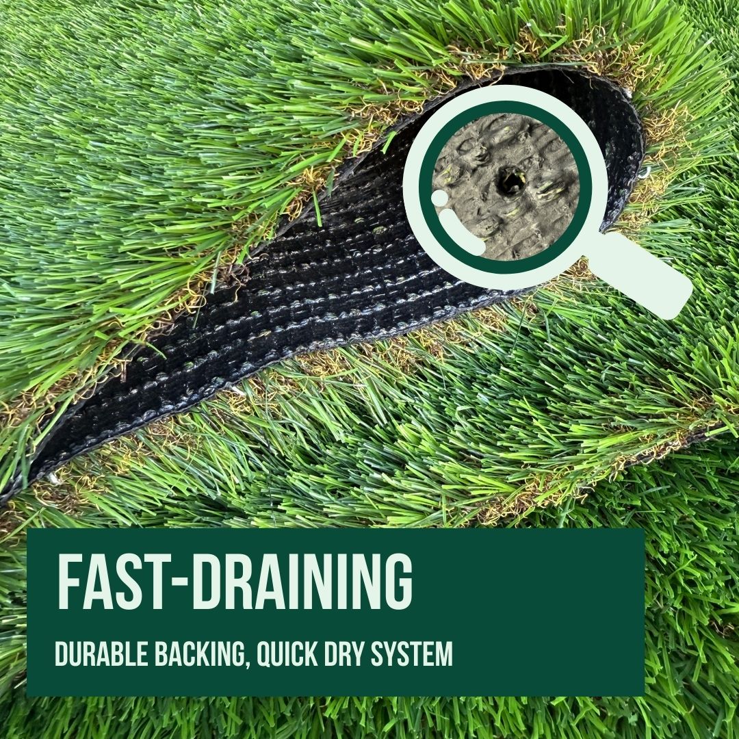 Mac Landscape Artificial grass has got Fast Draining, quick dry system, draining hole at the back