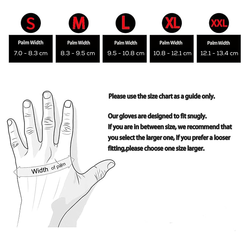 Glove size chart with measurements for palm width and recommended glove sizes.