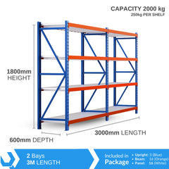 Heavy Duty Warehouse Garage Storage 1800 x 3000 x 600mm Steel Shelving Unit - 2000kg - Tool Market 