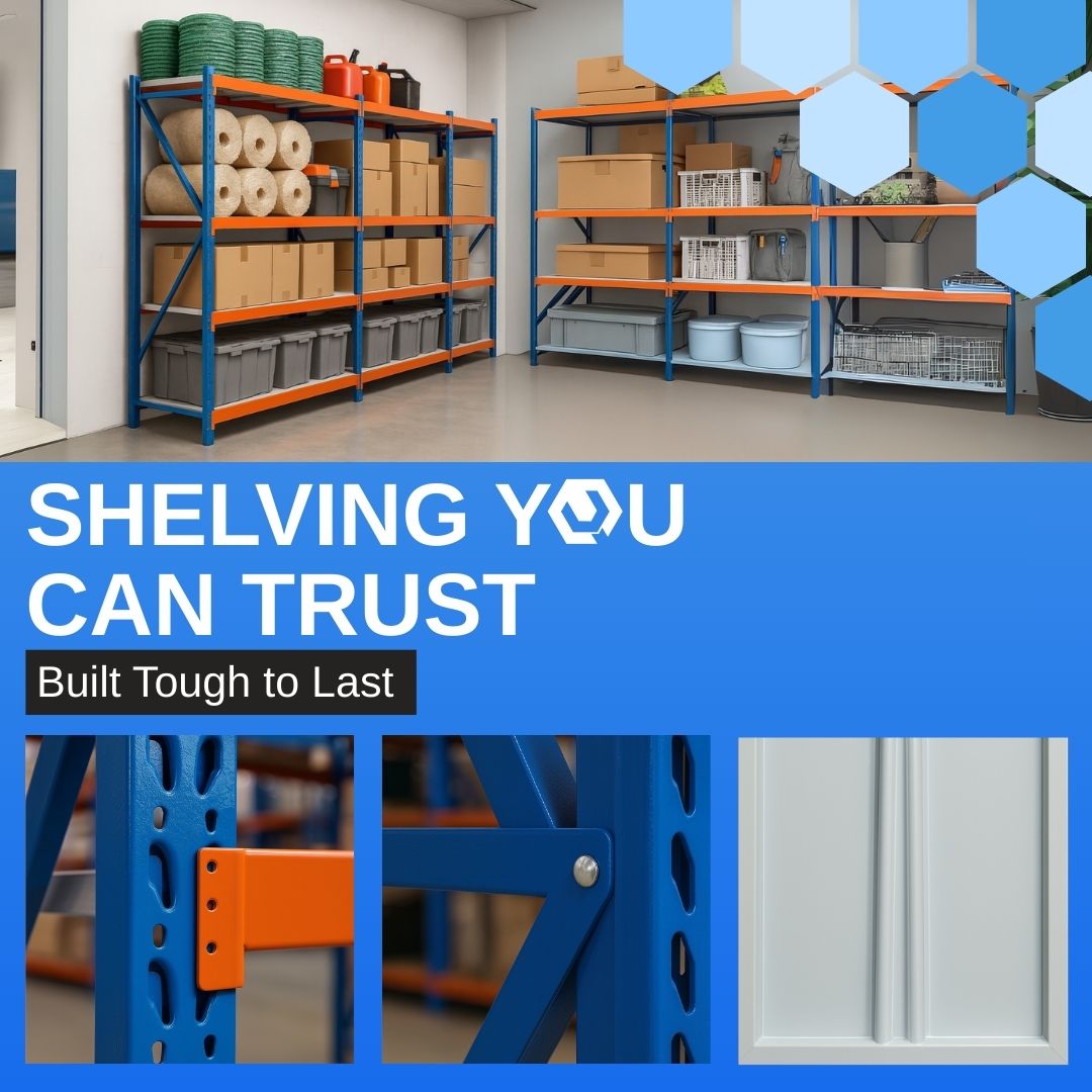 Storage shelves with various items in a warehouse setting, featuring text about durable shelving.
