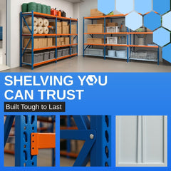 Storage shelves with various items in a warehouse setting, featuring text about durable shelving.
