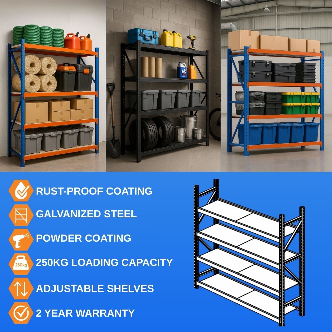 Storage shelves with various items in a warehouse setting, featuring rust-proof coating and other features on a blue background.