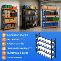 Storage shelves with various items in a warehouse setting, featuring rust-proof coating and other features on a blue background.
