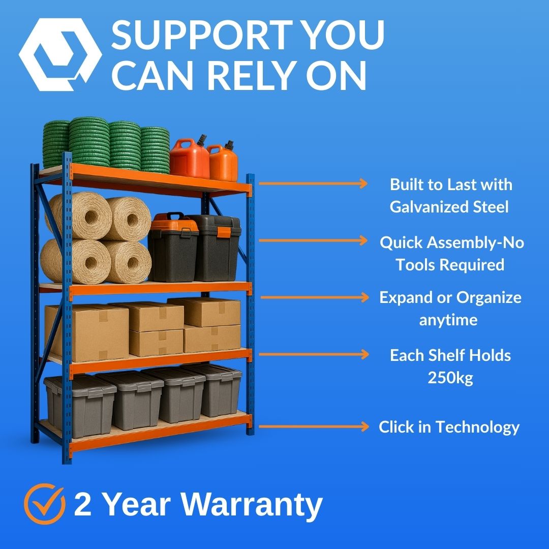 Storage rack with shelves containing various items on a blue background with text about product features and warranty.