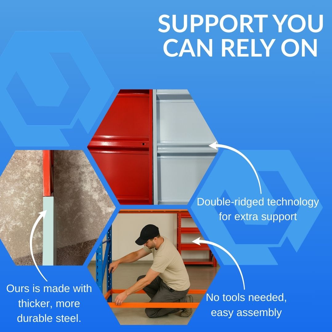 Advertisement for a storage rack with text about support, durability, and assembly ease.