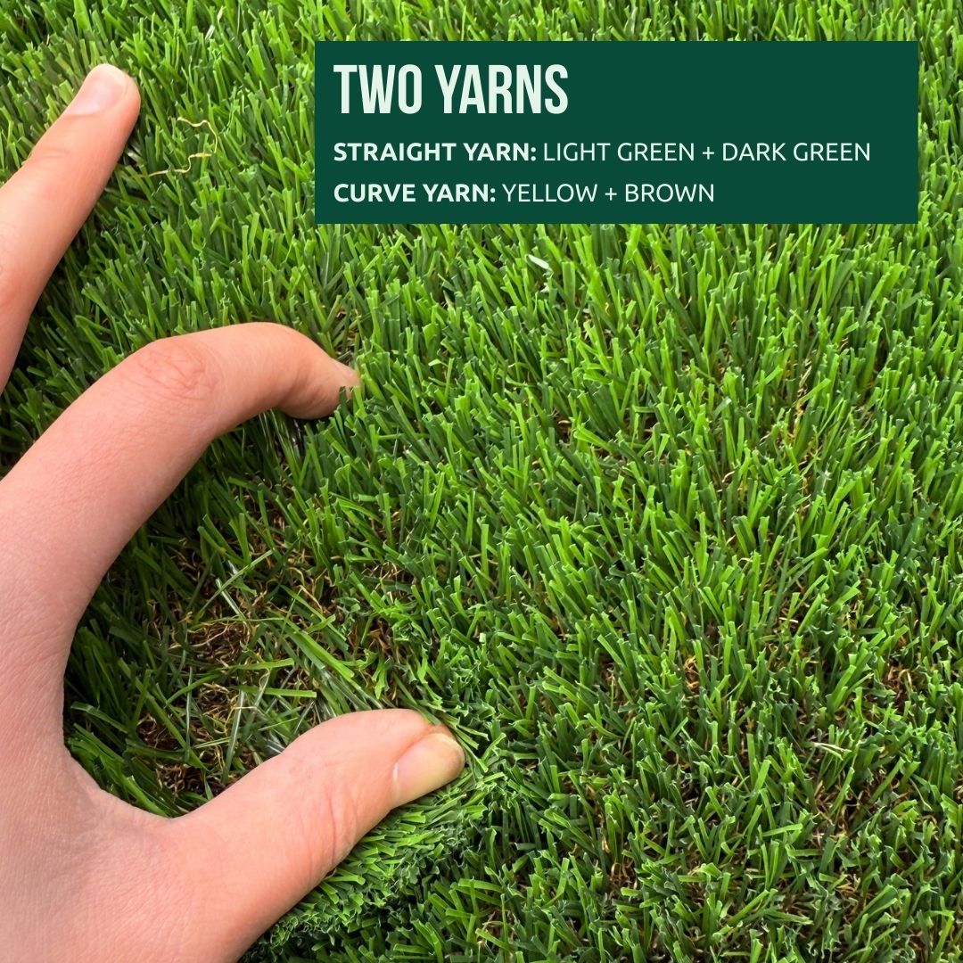 Mac landscape artificial Grass has two yarns, straight yarn mix with light and dark green, the curve yarn has yellow and brown color