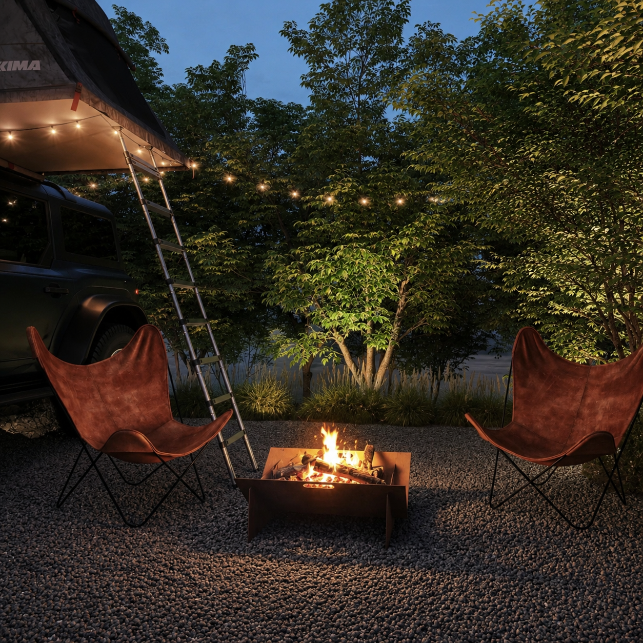 Corten Steel Bushman Fire Pit in a cosy outdoor camping setting, featuring a portable rust-finished steel fire pit with a wood-burning fire. Surrounded by leather camping chairs, a rooftop tent, string lights, and lush trees at dusk, it creates a warm and inviting atmosphere for outdoor adventures and gatherings.