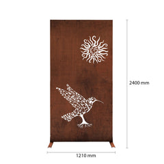 Decorative screen with sun and bird design, featuring dimensions on a white background