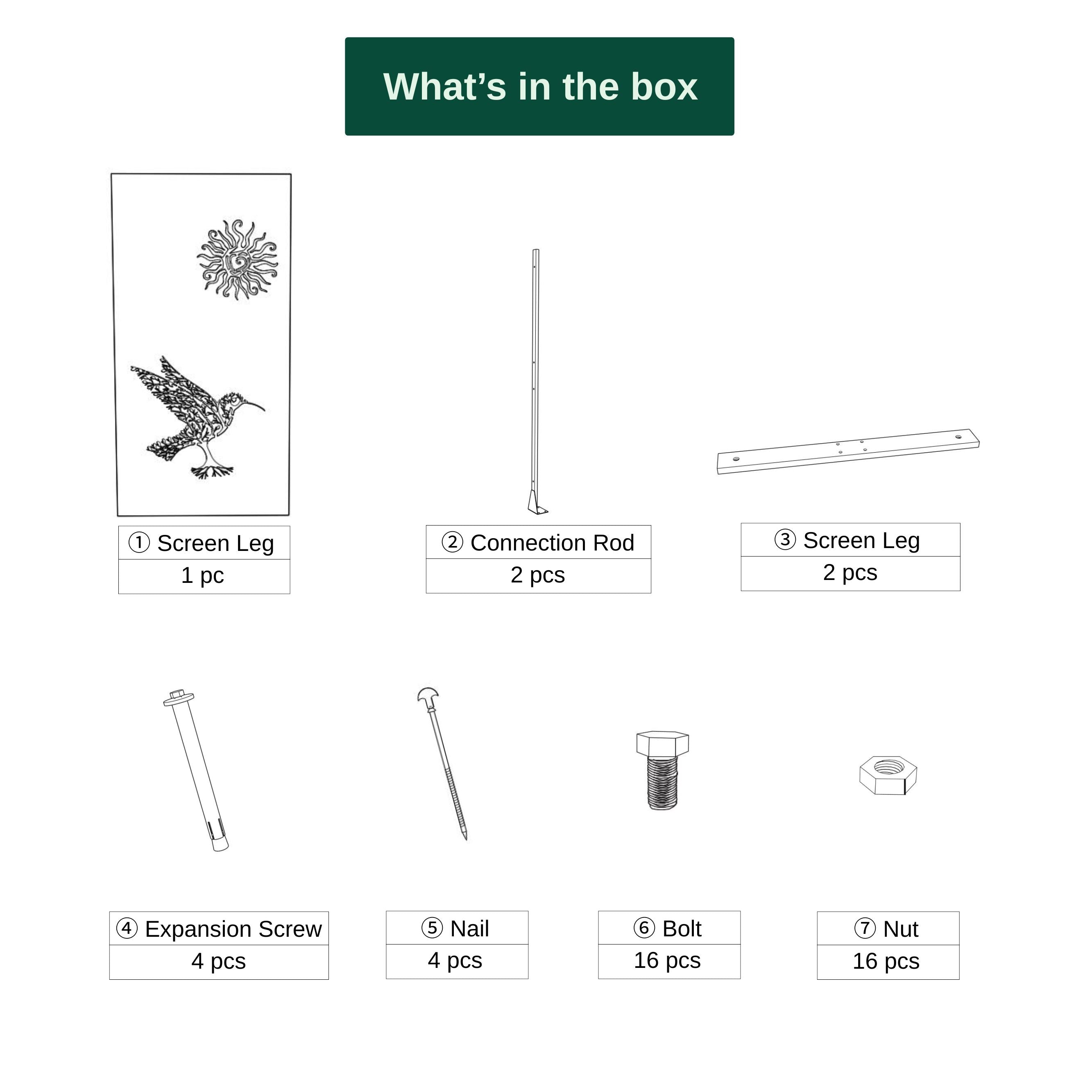 Items included in the box from Corten Steel Screen with instructions