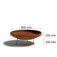Round corten steel fire pit with measurement