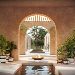 Decorative outdoor area with arches, plants, and a corten steel fire pit in a warm-toned setting.