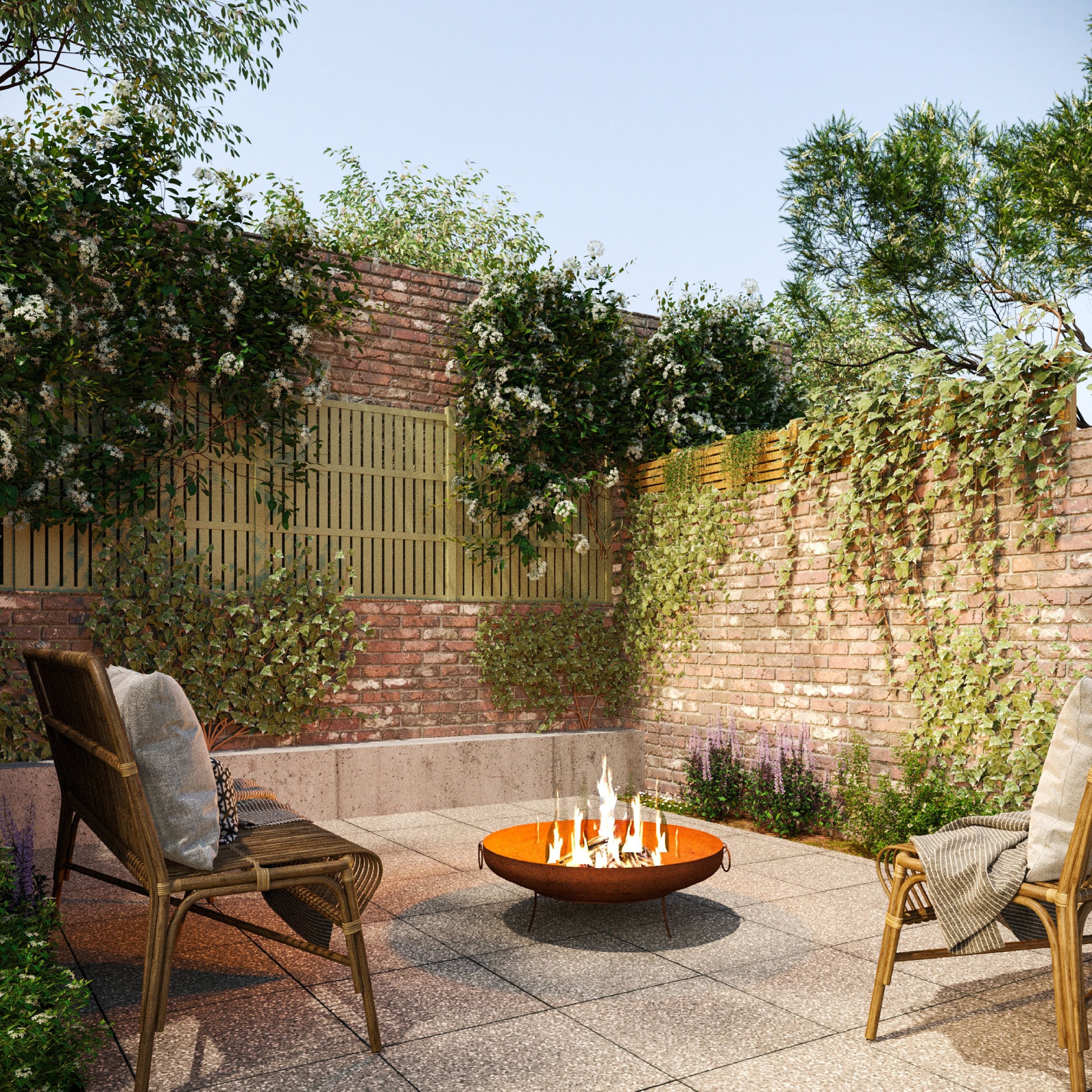Outdoor patio with corten steel fire pit, chairs, and greenery