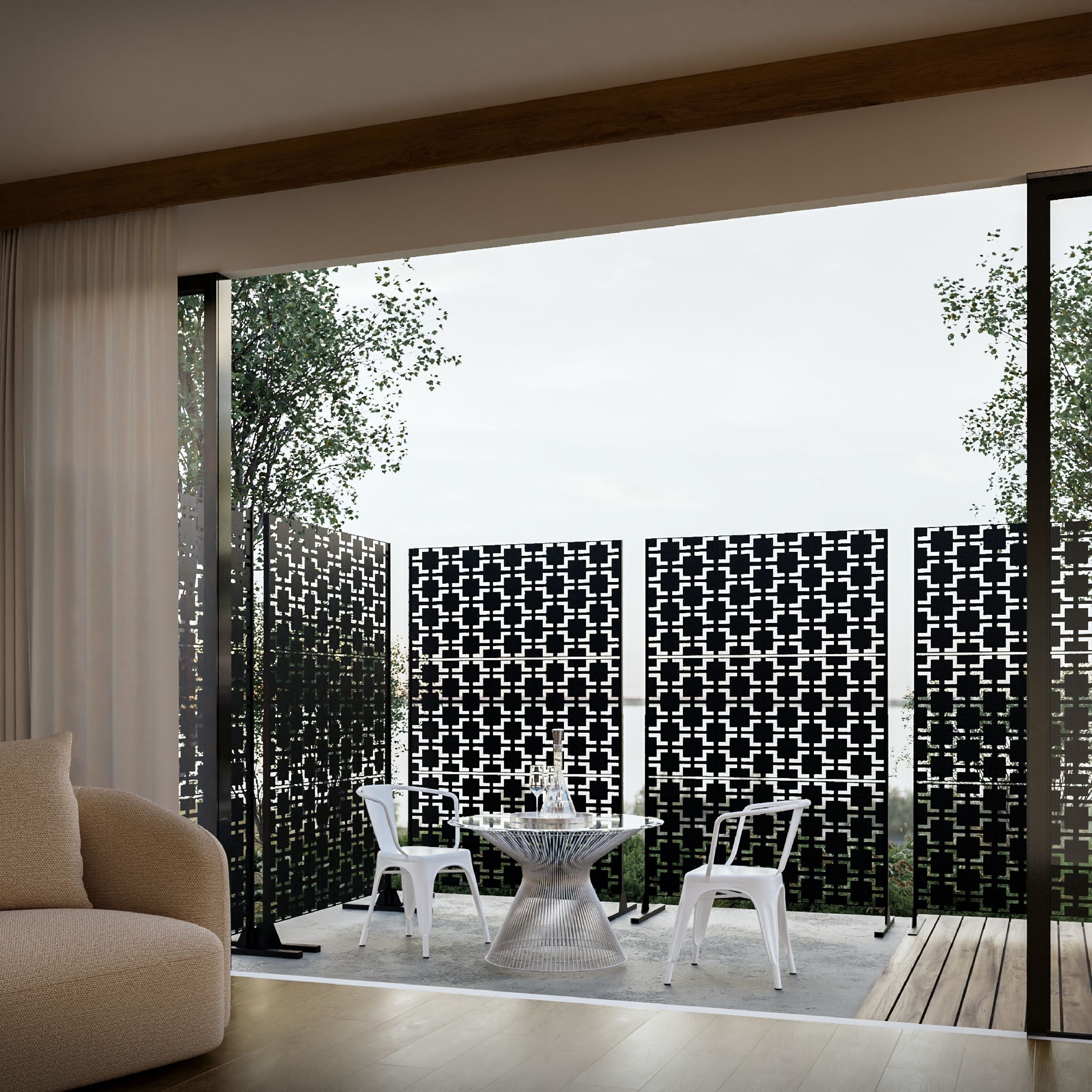 Modern living room with a view of an outdoor patio area