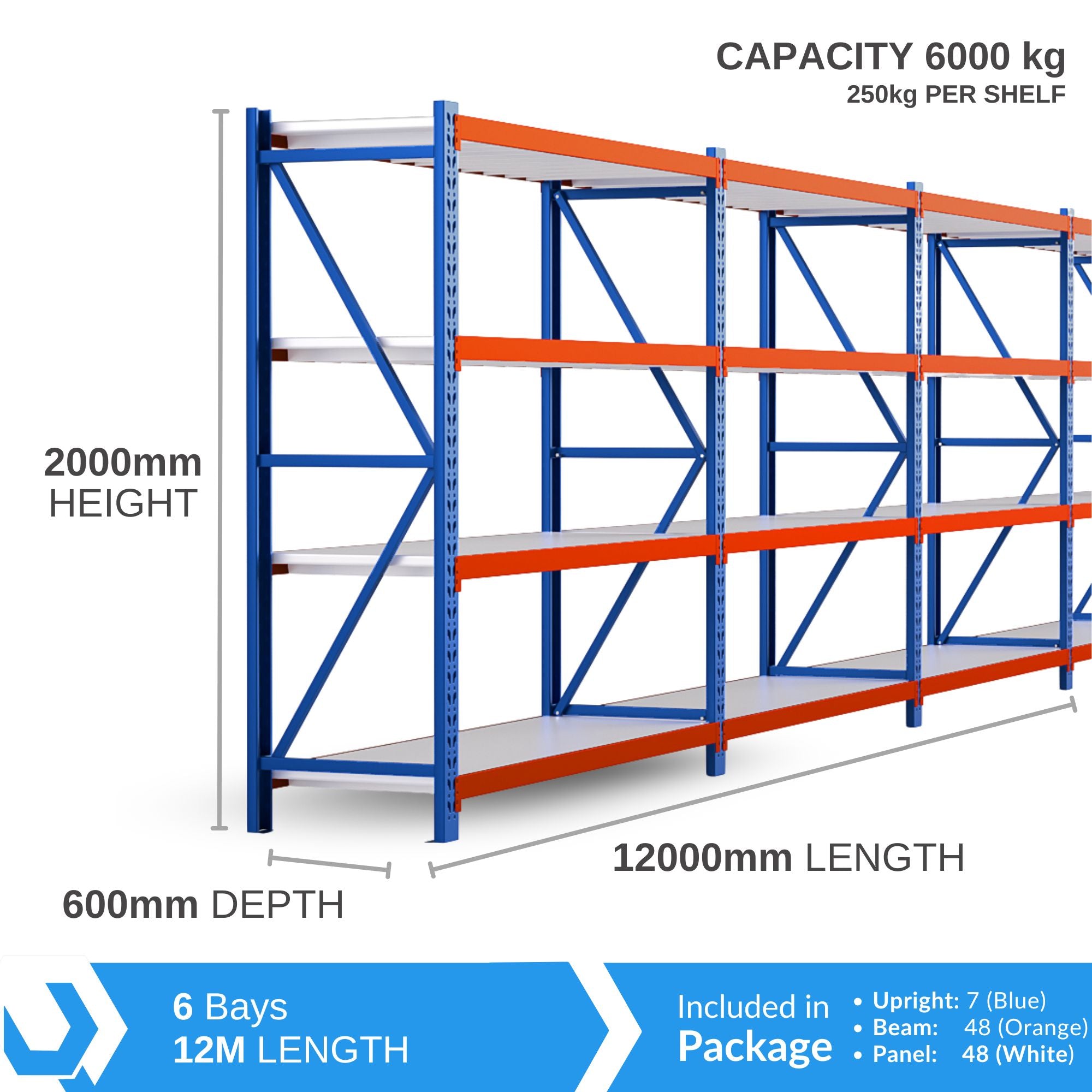 H2000 x L2000 x D600mm Range Heavy Duty Warehouse Garage Storage Steel Shelving Unit - Tool Market