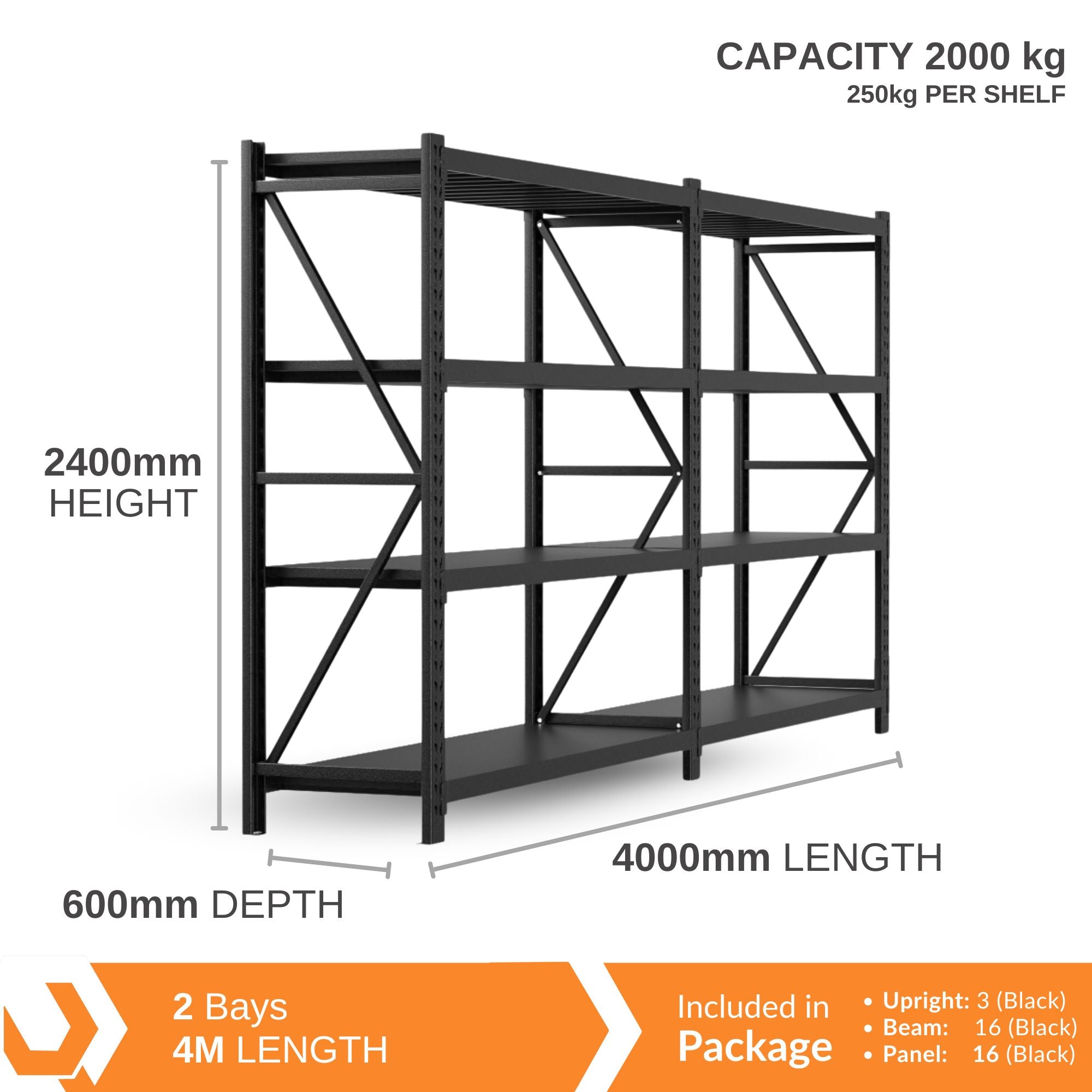 H2400 x L2000 x D600mm Range Heavy Duty Warehouse Garage Storage Steel Shelving Unit - Tool Market