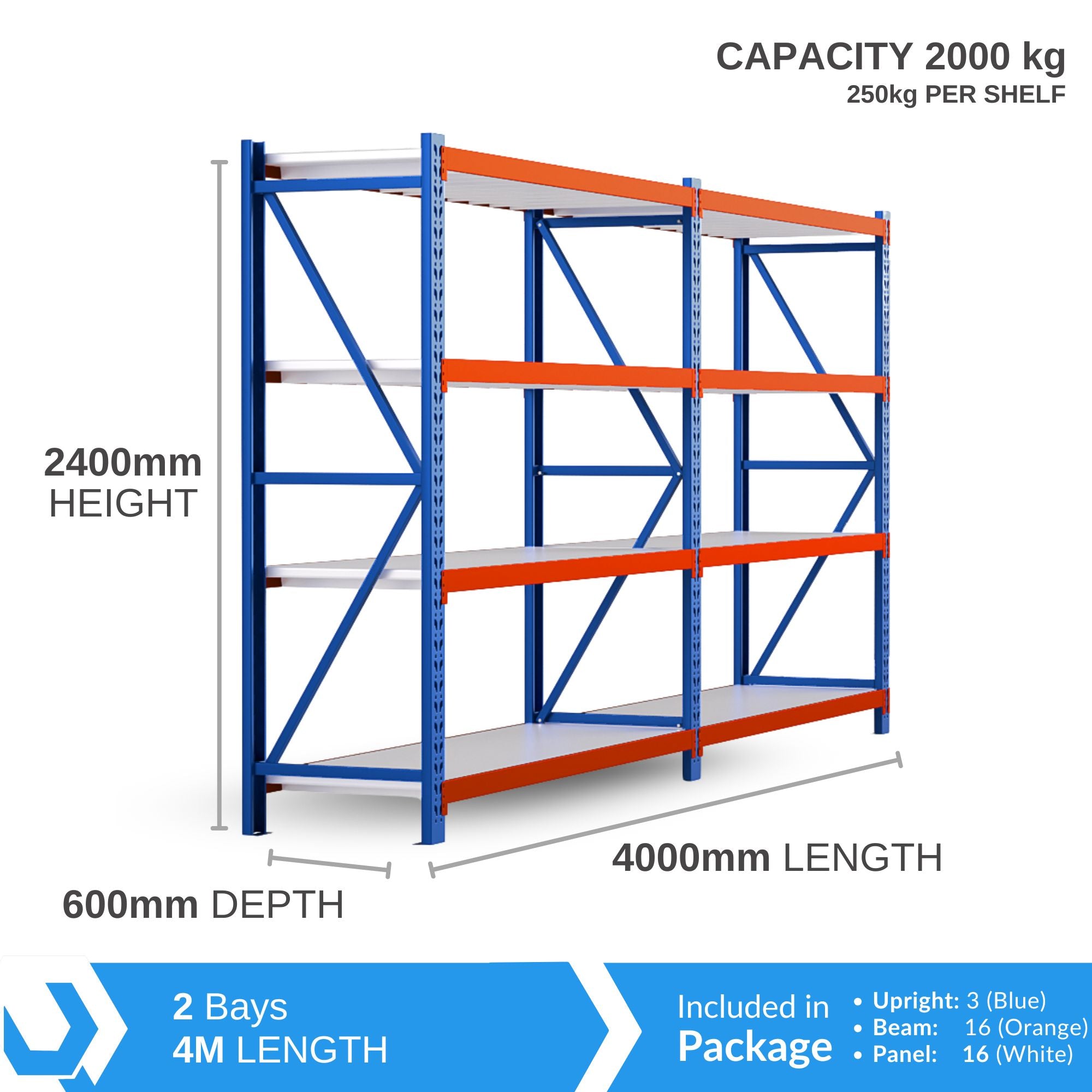 H2400 x L2000 x D600mm Range Heavy Duty Warehouse Garage Storage Steel Shelving Unit - Tool Market