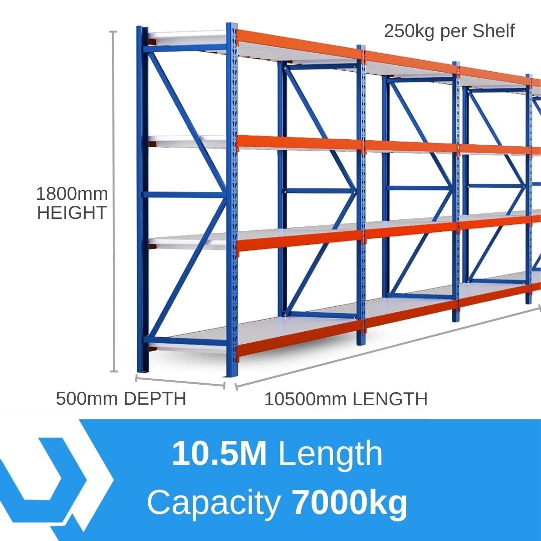 Heavy Duty Warehouse Garage Storage H1800 x L10500 x D500mm Steel Shelving Unit - 7000kg - Tool Market