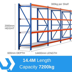Heavy Duty Warehouse Garage Storage H2000 x L14400 x D600mm Steel Shelving Unit - 7200kg - Tool Market