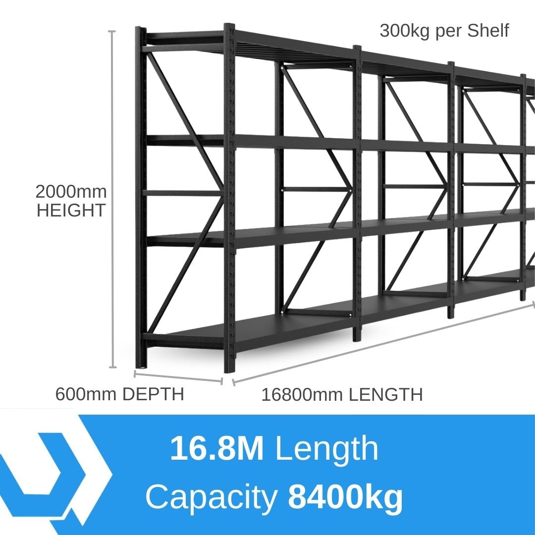 Heavy Duty Warehouse Garage Storage H2000 x L16800 x D600mm Steel Shelving Unit - 8400kg - Tool Market