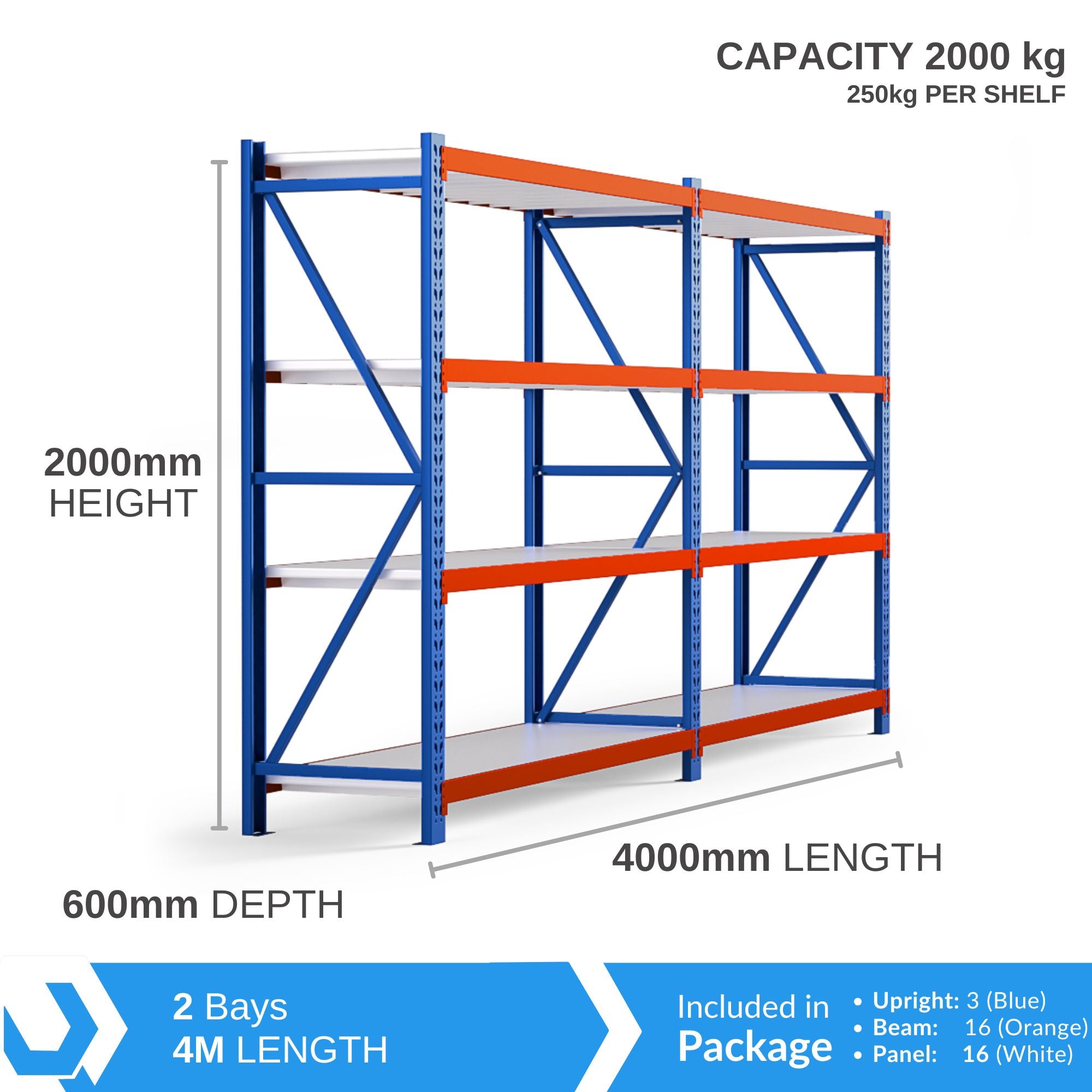 Heavy Duty Warehouse Garage Storage H2000 x L4000 x D600mm Steel Shelving Unit - 2000kg - Tool Market