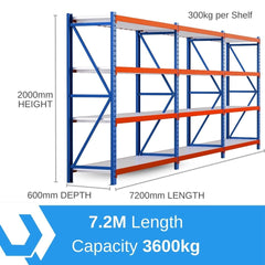 Heavy Duty Warehouse Garage Storage H2000 x L7200 x D600mm Steel Shelving Unit - 3600kg - Tool Market