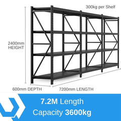 Heavy Duty Warehouse Garage Storage H2400 x L7200 x D600mm Steel Shelving Unit - 3600kg - Tool Market