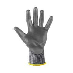 Gray cut-resistant glove with a yellow trim on a white background