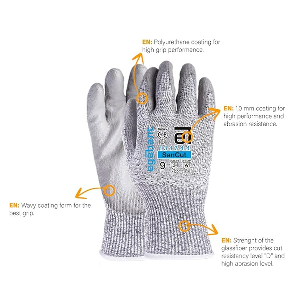 Gray work glove with text highlighting features on a white background