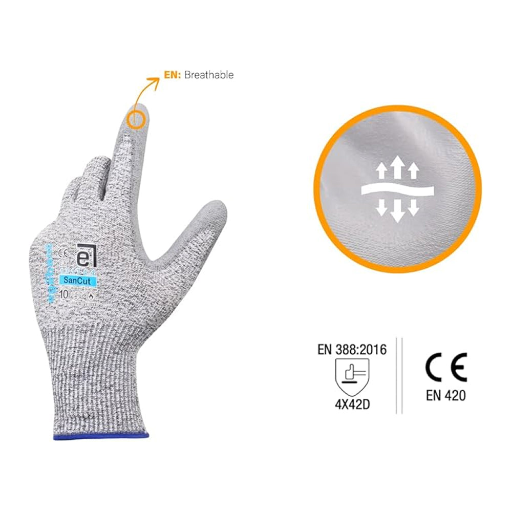 Gray glove with breathable feature and CE certification on a white background