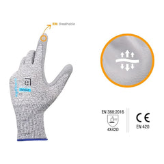 Gray glove with breathable feature and CE certification on a white background