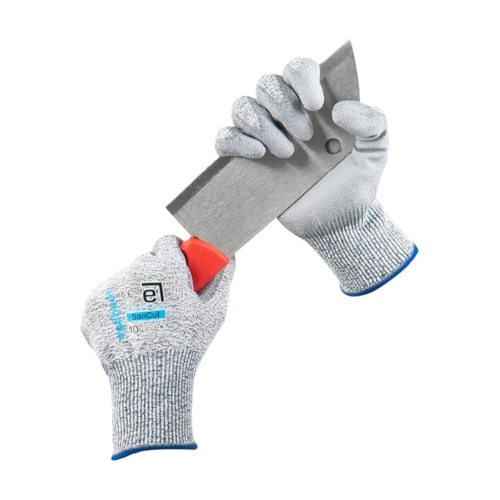 Gray gloves with a red tool held between them on a white background