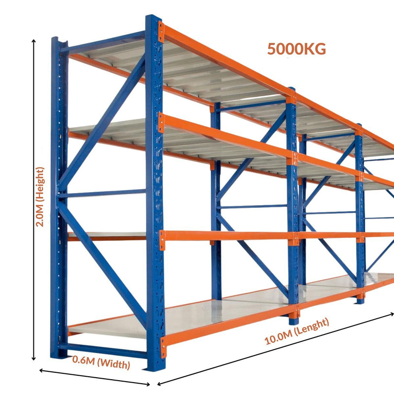 Heavy Duty Warehouse Garage Storage H2000 x L10000 x D600mm Steel 5 Base Matte BlackShelving Unit - 5000kg - Tool Market