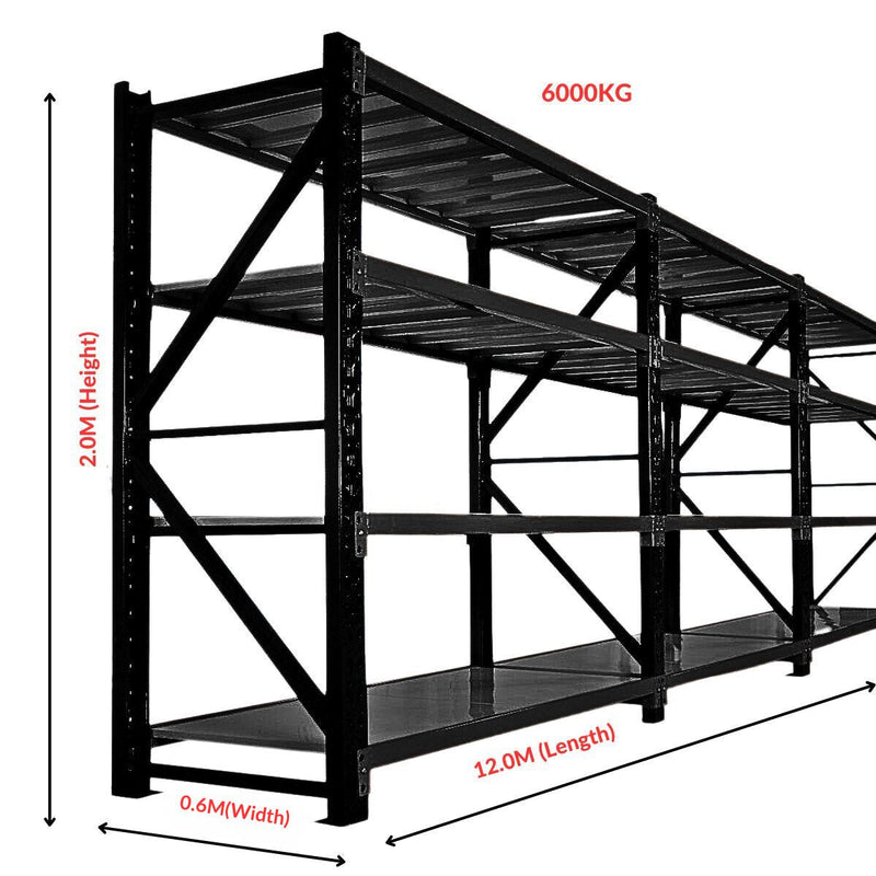 Heavy Duty Warehouse Garage Storage H2000 x L12000 x D600mm Steel 6 Base Matte Black Shelving Unit - 6000kg - Tool Market