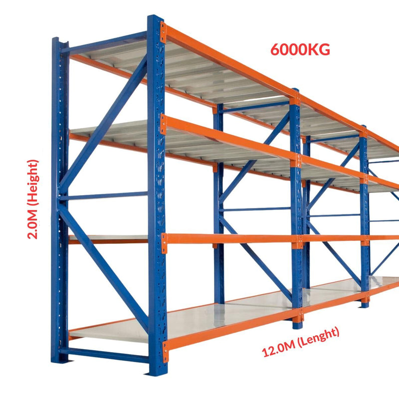 Heavy Duty Warehouse Garage Storage H2000 x L12000 x D600mm Steel 6 Base Shelving Unit - 6000kg - Tool Market