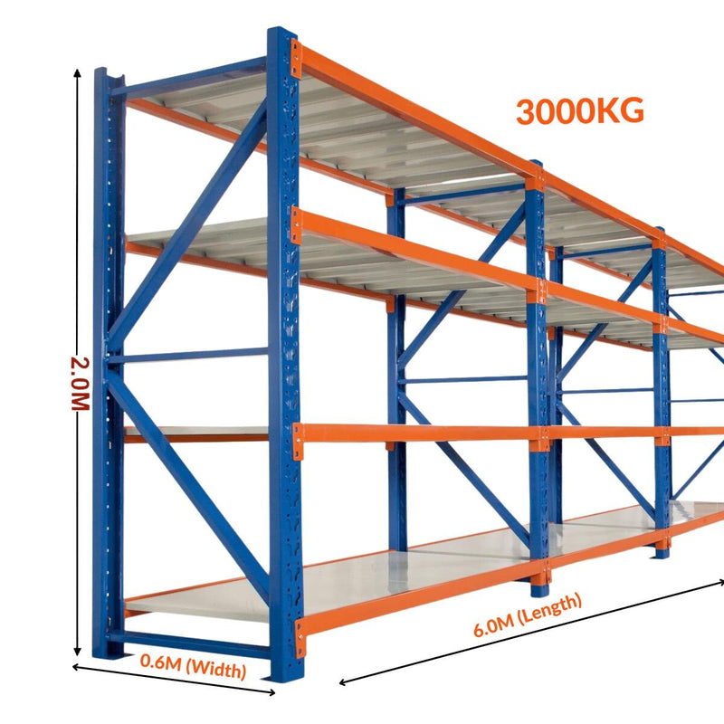 Heavy Duty Warehouse Garage Storage H2000 x L6000 x D600mm Steel 3 Base Matte Black Shelving Unit - 3000kg - Tool Market