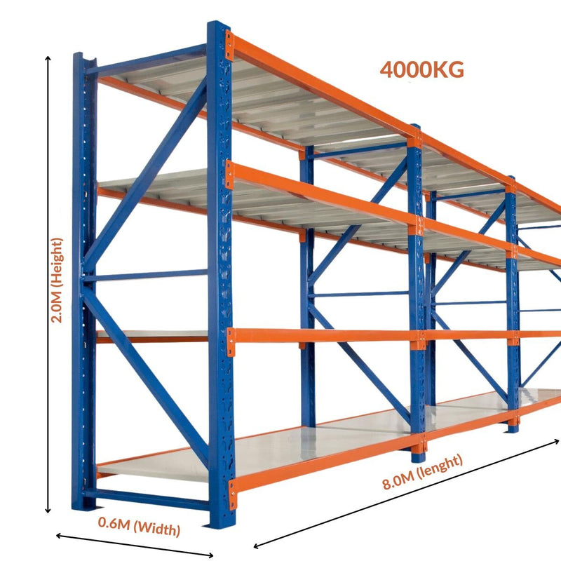 Heavy Duty Warehouse Garage Storage H2000 x L8000 x D600mm Steel 4 Base Shelving Unit - 4000kg - Tool Market