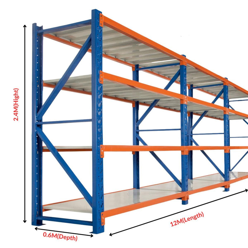 Heavy Duty Warehouse Garage Storage H2400 x L12000 x D600mm Steel 5 Base Shelving Unit - 5000kg - Tool Market