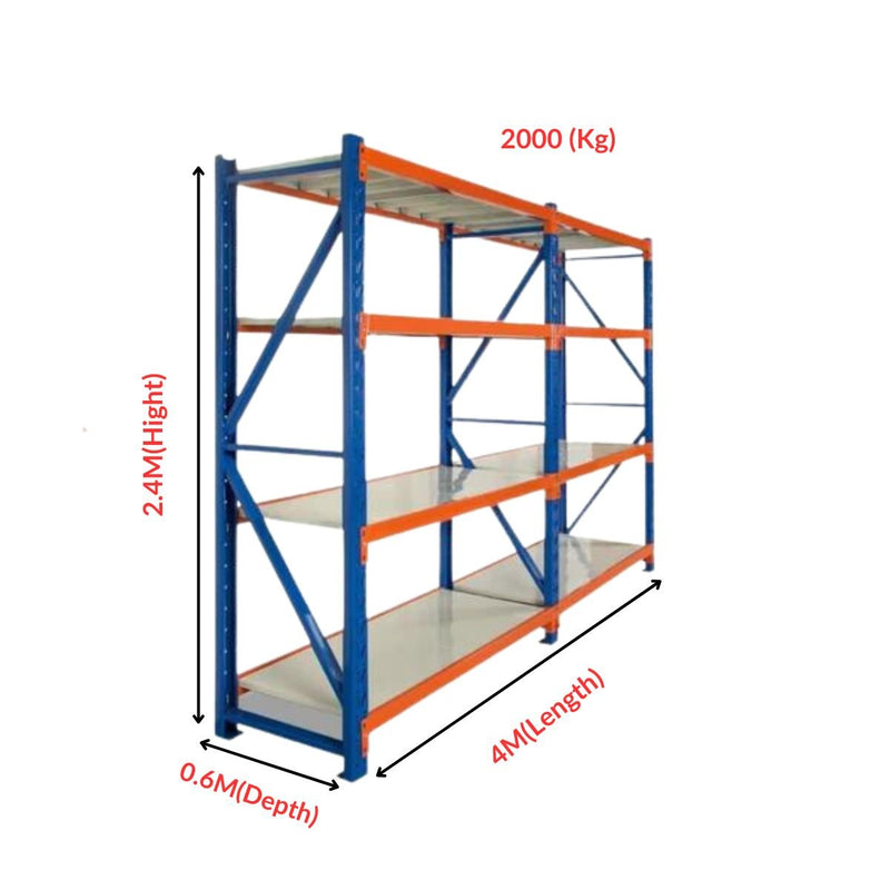 Heavy Duty Warehouse Garage Storage H2400 x L4000 x D600mm 2 Base Steel Shelving Unit - 2000kg - Tool Market