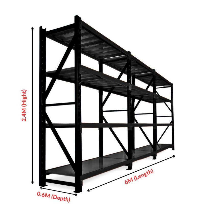 Heavy Duty Warehouse Garage Storage H2400 x L6000 x D600mm Mattle Black 3 Base Steel Shelving Unit - 3000kg - Tool Market