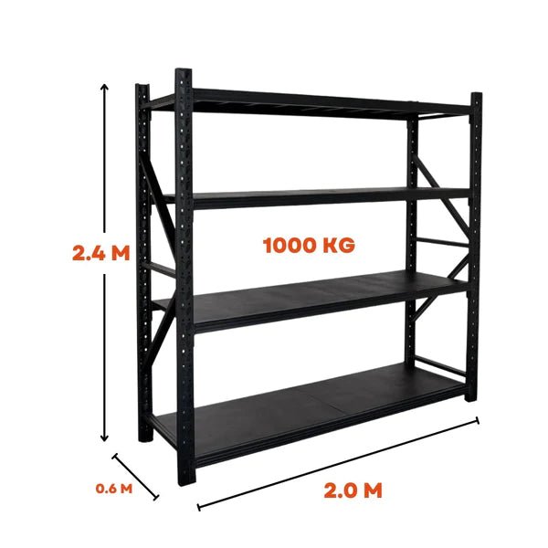 Heavy Duty Warehouse Garage Storage H2400 x L6000 x D600mm Mattle Black 3 Base Steel Shelving Unit - 3000kg - Tool Market