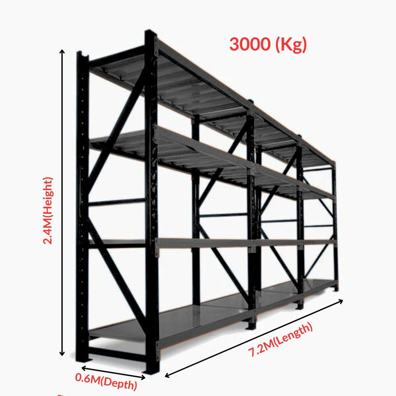 Heavy Duty Warehouse Garage Storage H2400 x L7200 x D600mm Steel 3 Base Matte Black Shelving Unit - 3000kg - Tool Market