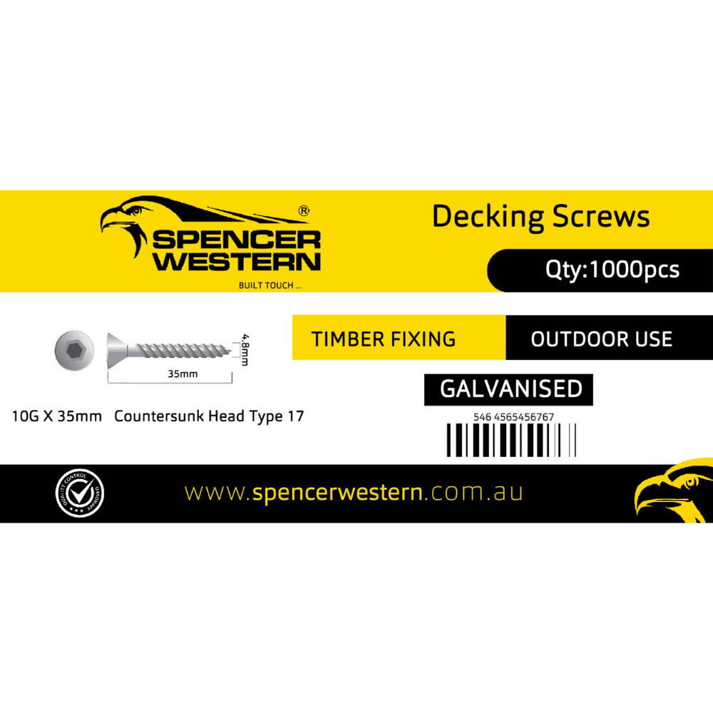 Spencer Western 10gx35mm Galvanised Decking Screw 1000Pcs & 2 Drive Bit - Tool Market